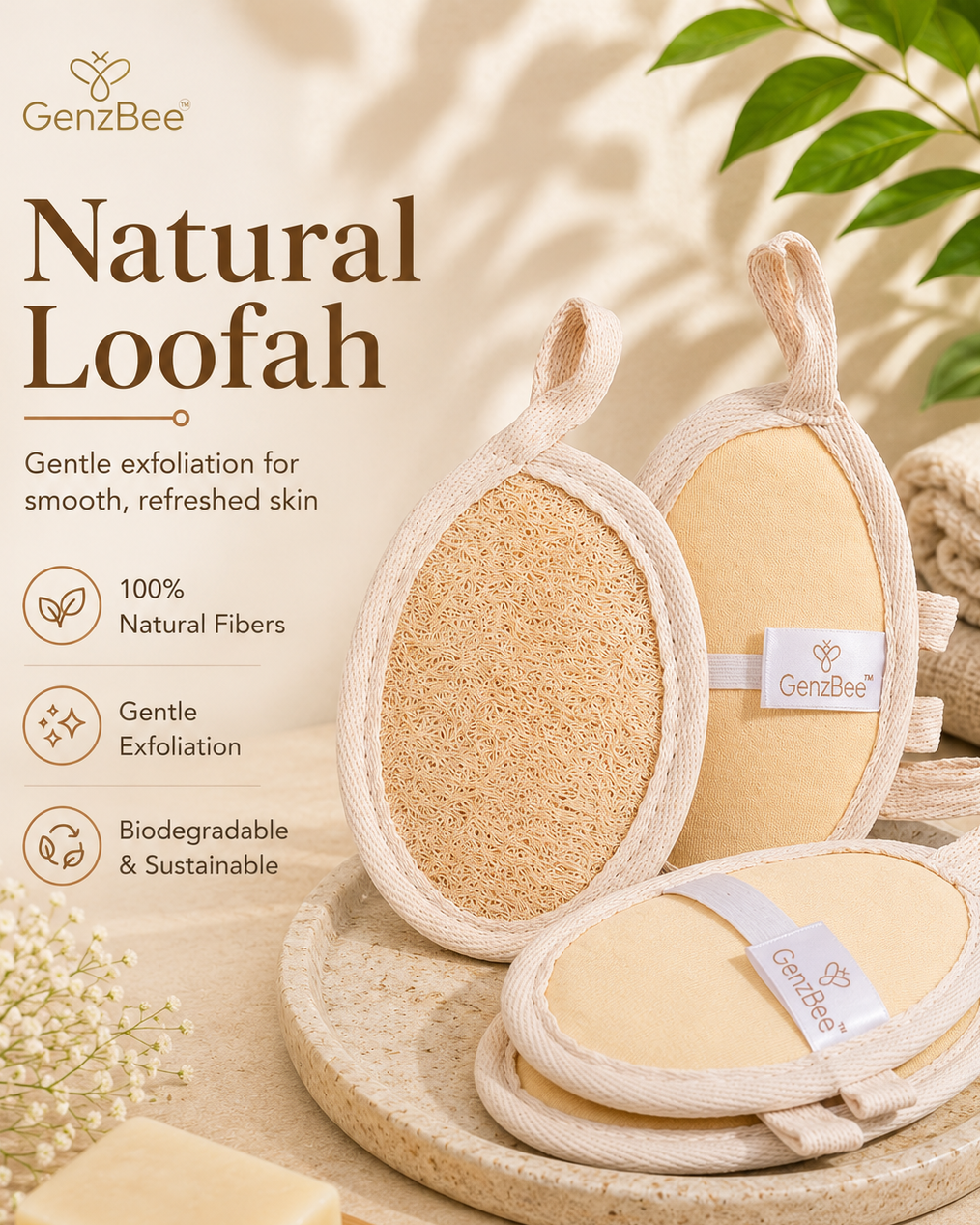 GenzBee Natural Loofah Sponge for Body Scrubbing – 100% Plant-Based Exfoliating Luffa Bath Sponge