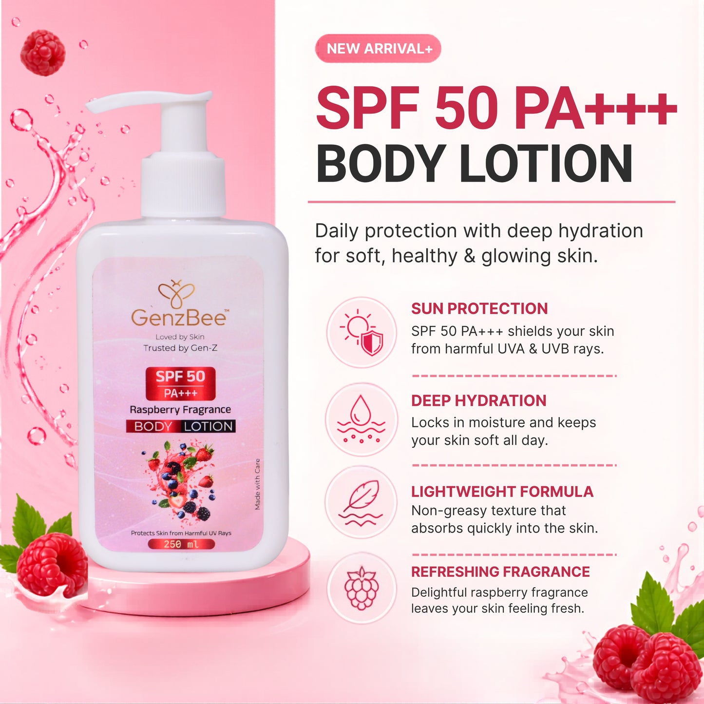 GenzBee SPF 50 PA+++ Raspberry Fragrance Body Lotion – 250 ml