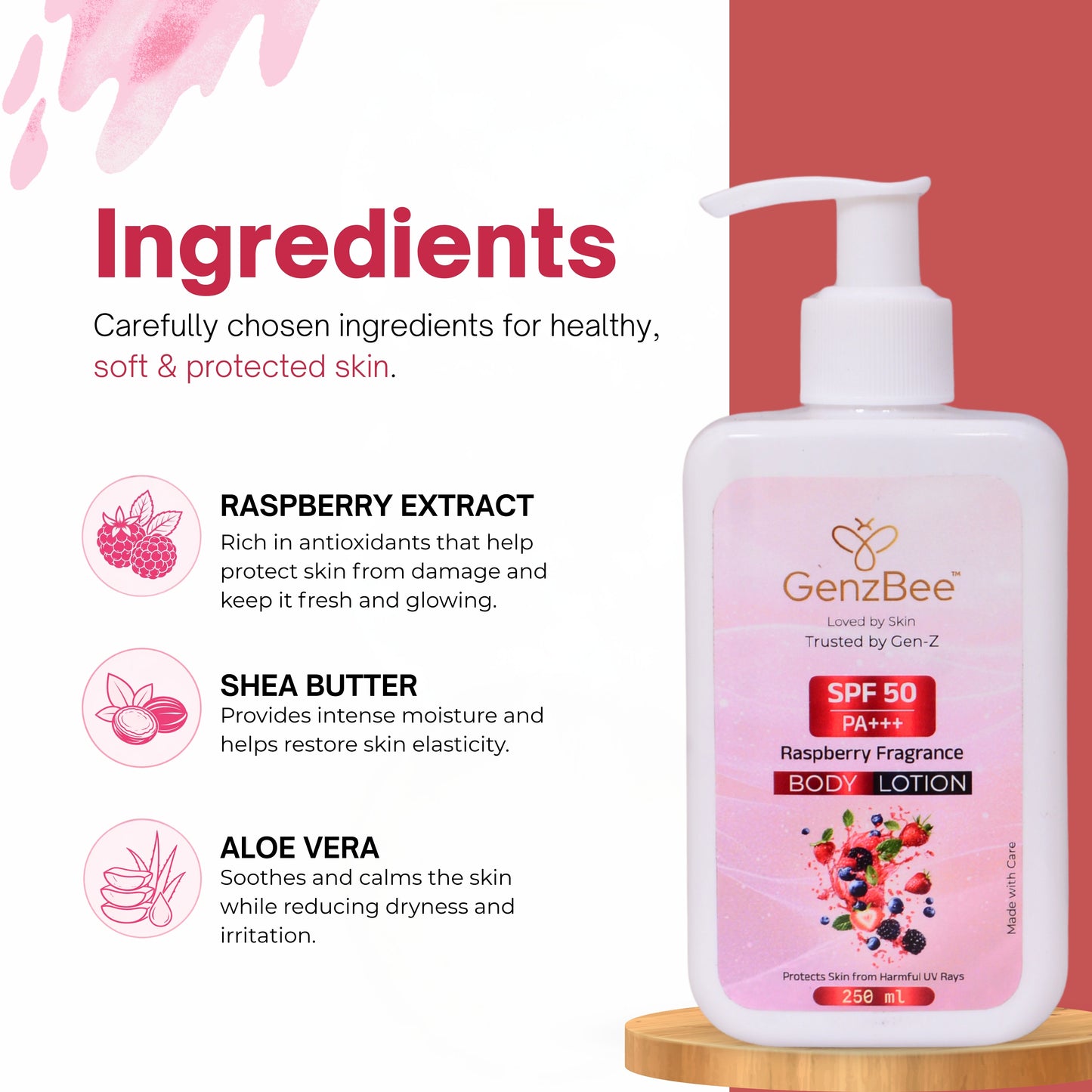 GenzBee SPF 50 PA+++ Raspberry Fragrance Body Lotion – 250 ml
