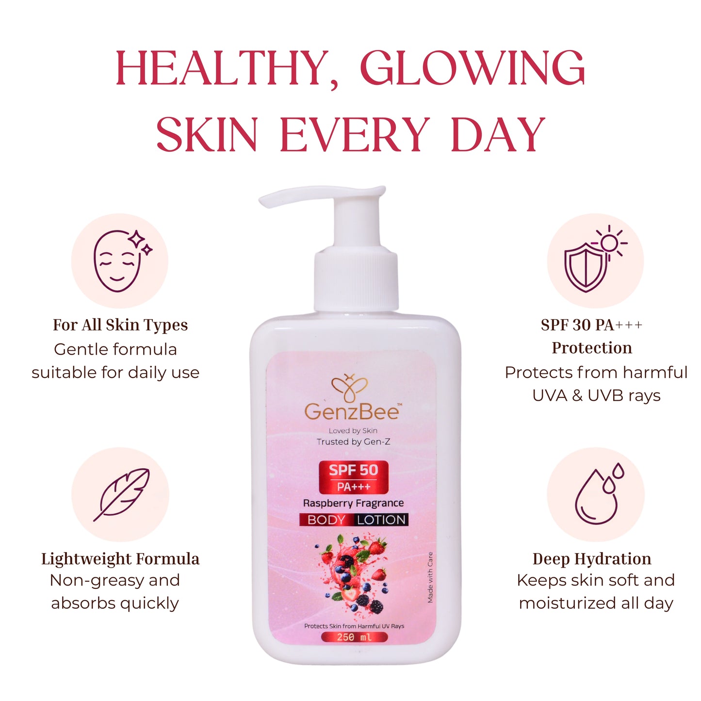 GenzBee SPF 50 PA+++ Raspberry Fragrance Body Lotion – 250 ml